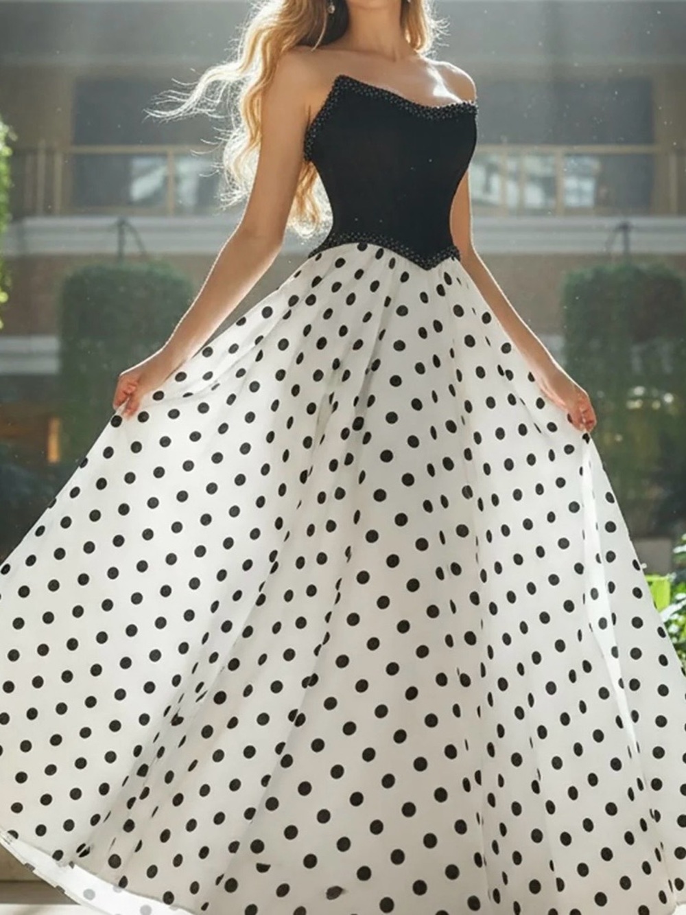 Elegant Black & White Polka Dot Prom Dress